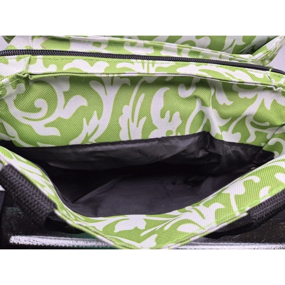 Nicole Miller Insulated Canvas Lunch Bag Green Damask Print Zippered Cooler Tote